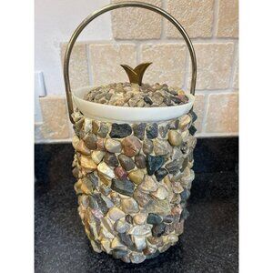 Vtg Ice Bucket Handmade Hand Placed Rocks Stones Pebbles Ice Bucket With Gold